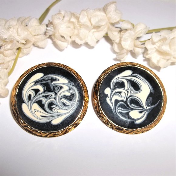 VINTAGE Earrings Black Cream Gold Swirl Circle Statement Jewelry Set Pair A018 - Picture 1 of 5